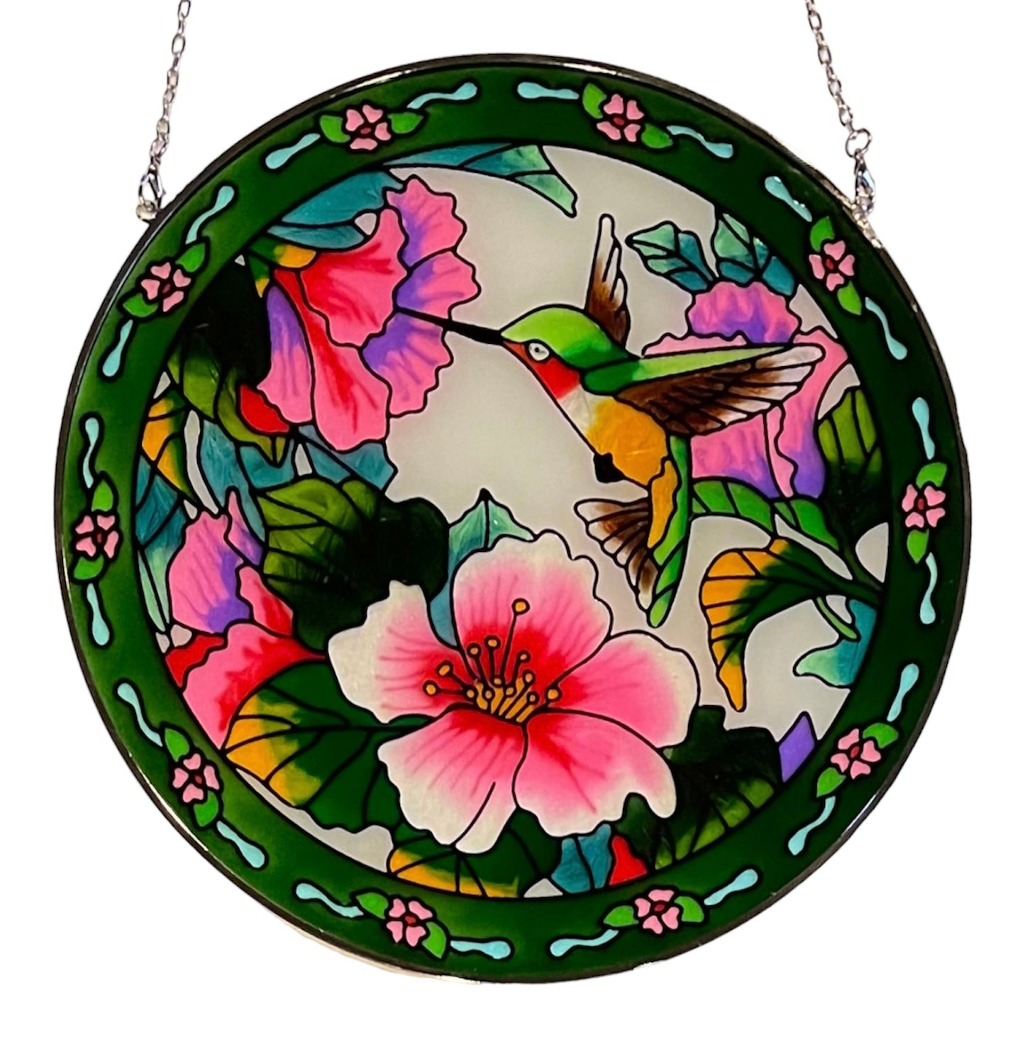 Beautiful Hummingbird Pink Hibiscus Flowers Stained Glass With Chain for Hanging