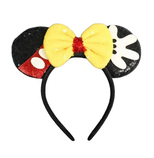 Disney Mickey Mouse Sequin Ears With Yellow & Red Bow Headband Youth Size