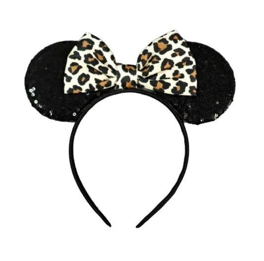 Disney Minnie Mouse Sequin Ears With Leopard Print Design Bow Headband Youth Size
