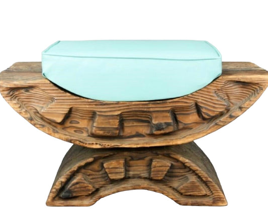 Hand Carved Heavy Wood Stool With Tiffany Blue Color Cushion