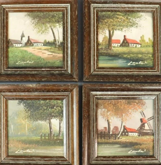Set of 4 Small Vintage Framed Oil Paintings Signed by French Artist Lambert