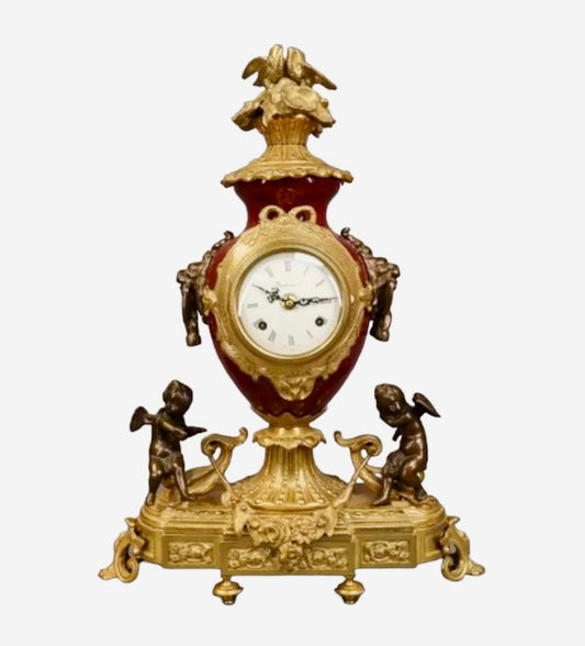 Spectacular Handmade Vintage French Imperial Gilt & Bronze Mantel Clock Cherubs Birds Floral Scrolls Gold 24 Carat Finishing Made in Italy