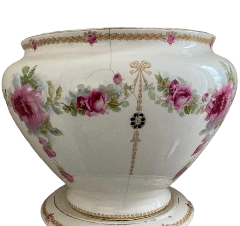 Stunning Rare Antique Rose Pattern Porcelain Cachepot With Matching Stand