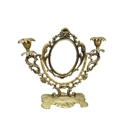 Antique Elegantly Detailed Brass Photo Frame With Candle Holders