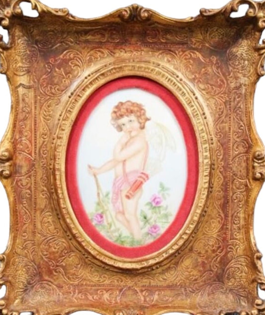 Vintage Hand Painted Porcelain Portrait in Gorgeous Ornate Frame Signed by D. Wagner