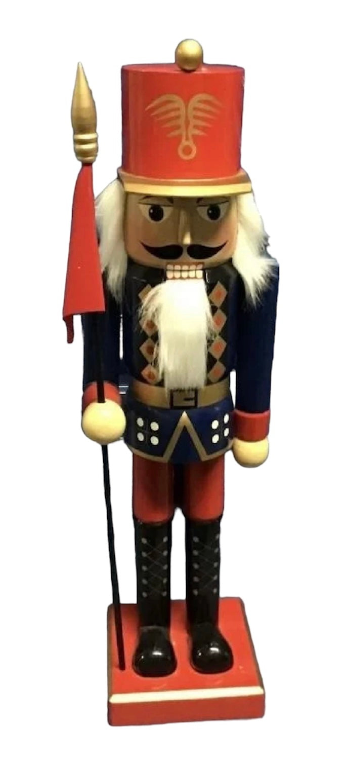 Vintage Handcrafted Tall Navy and Red White Hair Black Mustache Wood Nutcracker