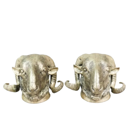 Vintage Pair of  Cast Brass Ram Head Wall Hangings or Freestanding Statues
