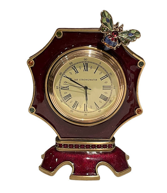 Jay Strongwater Octagonal Dumont Bee Desk Clock in Red Enamel-Swarovski Crystals
