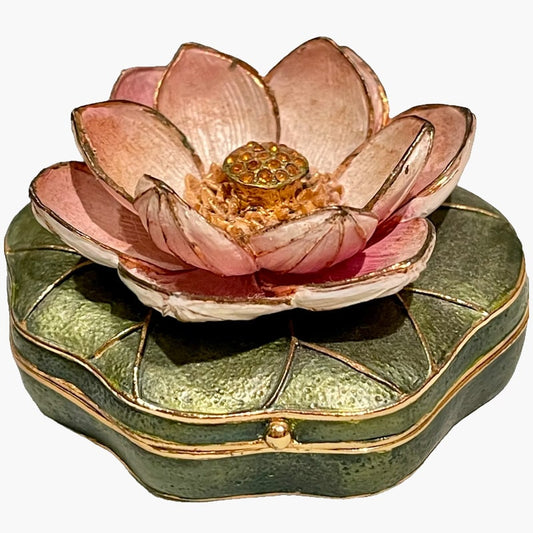 Two's Company Water Lily Enamel Hinged Metal Jeweled Trinket Box